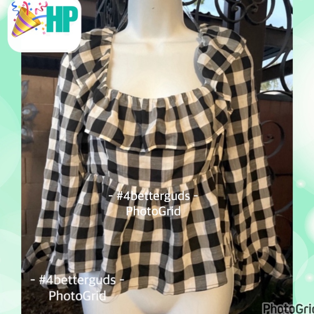 New Entro - Anthro Off the Shoulder Gingham Ruffle Long Sleeve Tie Back Blouse
